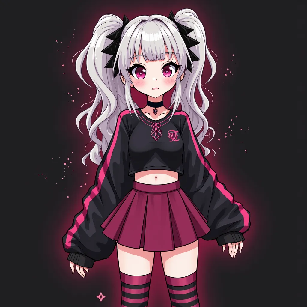 A gothic-style femboy avatar with black and pink colors. The character has puffy white ash-colored hair with bangs, tied into a ponytail with shaved sides. The avatar has dark eyeliner and sharp cat-eye eyeliner. The outfit includes a dark pink striped min...