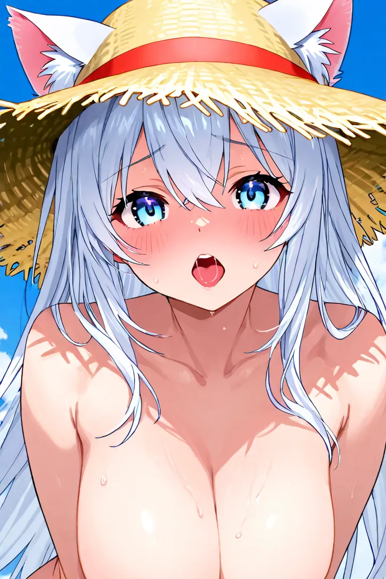  girl、light blue eyes、 white hair、Cat ears、naked、shy、straw hat、countryside、男性が girlを舐める、Panting