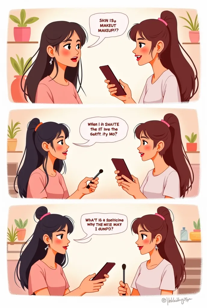 comic strip with two girl character talking about their own opinion about make up and skin care