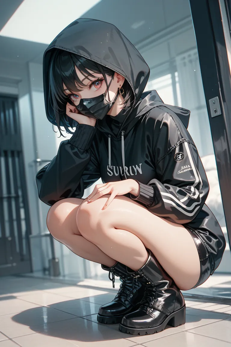 a girl with a black and straight short hair, wearing a black and tight rubber spy costume, wearing a black mask vailing her mouth, wearing a black hood that covers her upper face, eyes are downturned, wearing black boots, squatting