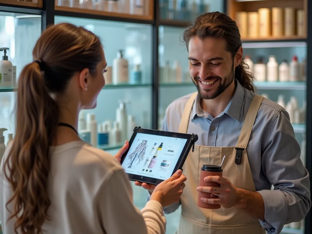 At a cosmetics store, an employee holds a tablet and shows a screen to a customer, and AI customizes shampoo on that screen, Conditioner, They are introducing hair treatments, etc., and customers want to buy them