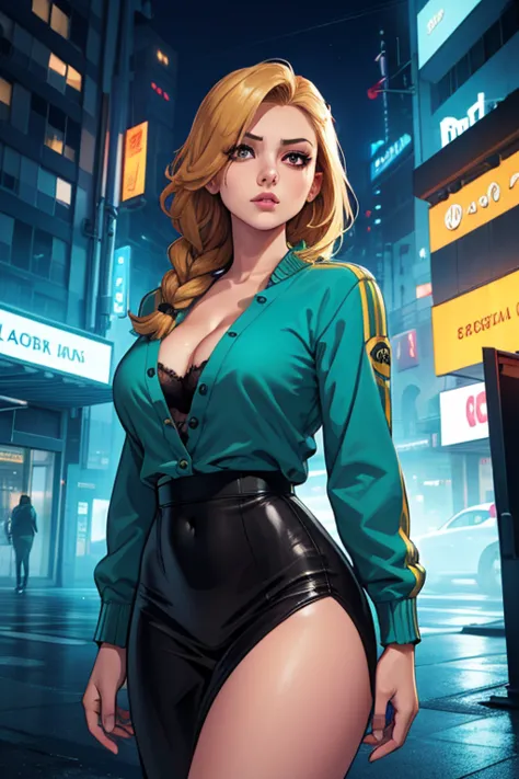 (best quality,4K,8k,highres,masterpiece:1.2),breasts,(Realistic,photoRealistic,photo-Realistic:1.37), portrait,night scene,skyscraper, Modern apartment, city view ,sexy woman,green shirt jacket,long sleeve clothing, cleavage, collarbone,cups,brown hair,pur...