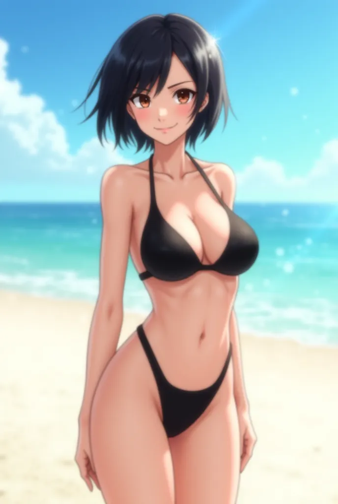 An anime girl with short black hair and brown eyes standing on a beach wearing a two-piece black bikini
With a full picture of the body in the hentai style