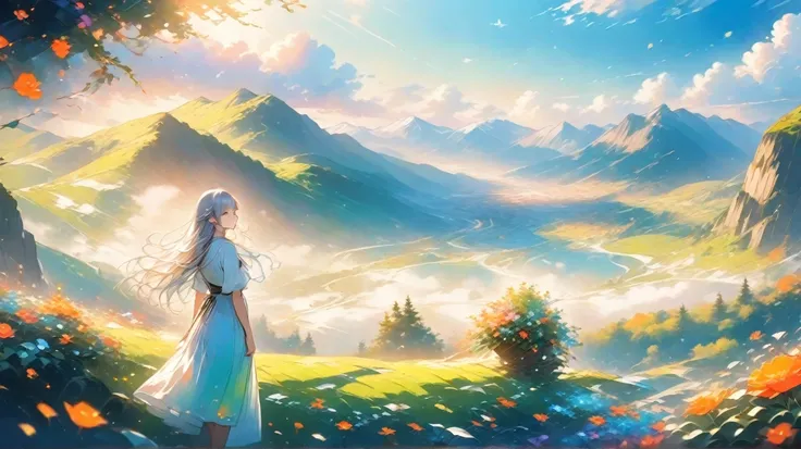 ( top quality,4K,8k,  High Definition  ,   masterpiece  :1.2),standing up picture、 Silver Hair、semi-long hair,Her face is of the highest quality 、 The texture and depth of the painting is breathtaking ,   is playing 、 and fantasy ,    gracefully envelops h...