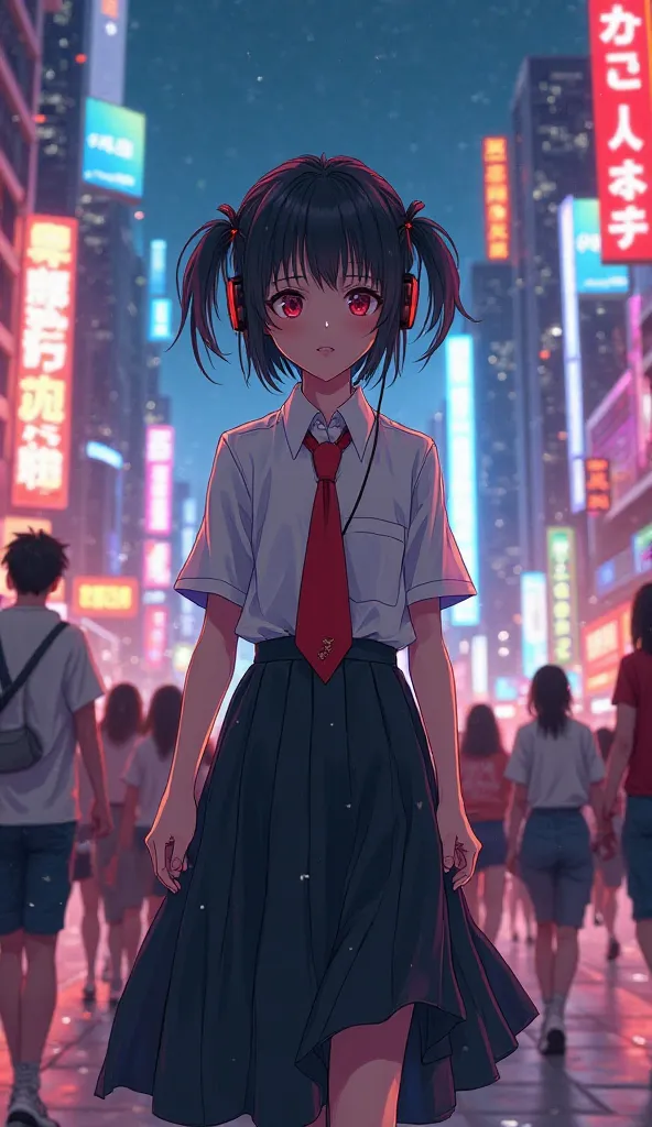 Girl with small black hair and pigtails wearing a long black skirt and a white shirt with a red tie wearing headphones walking on a freedom march in an anime-like night city