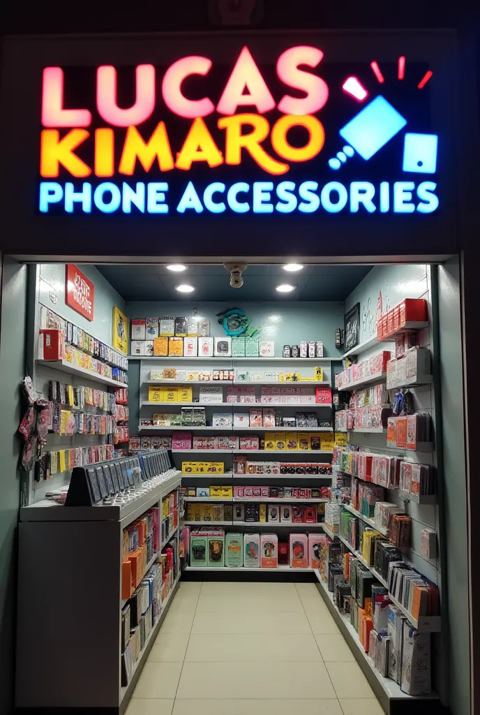 "A 3D sign with the text 'LUCAS KIMARO PHONE ACCESSORIES' in bold, colorful letters above a well-stocked phone accessories shop. Inside the shop, various phone accessories such as chargers, earphones, phone cases, and screen protectors are neatly arranged ...