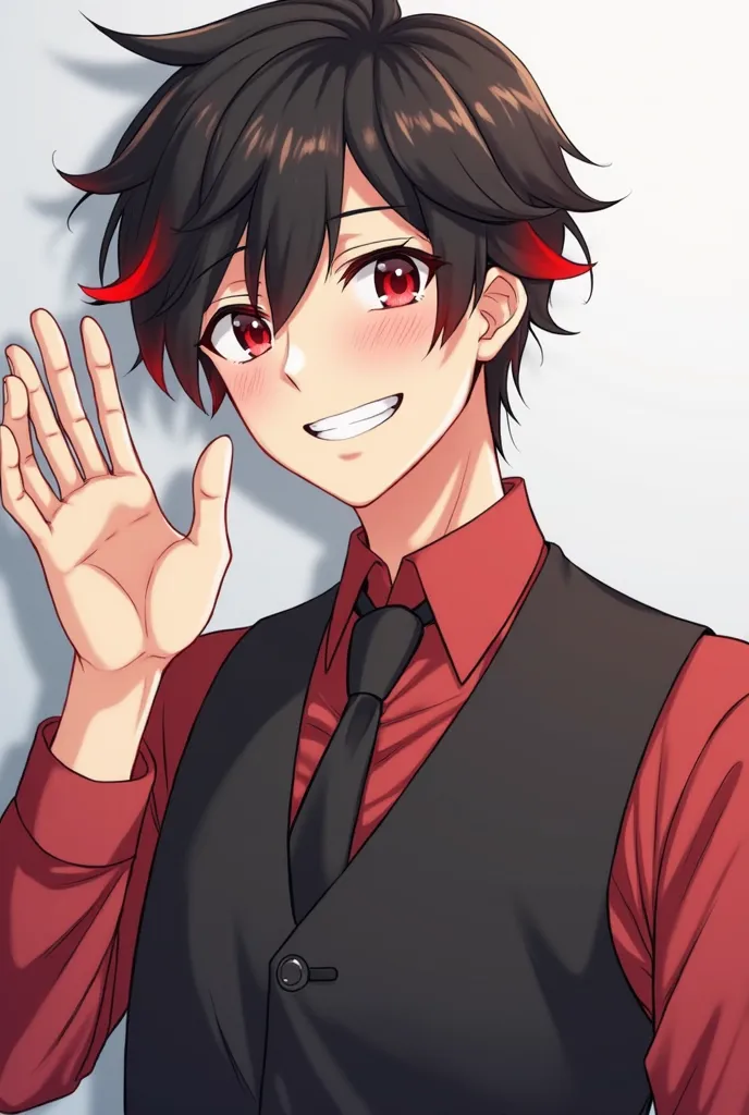 An ordinary tall anime man smiles with happiness with his mouth shut while waving his hand.The man has red eyes., Black hair and red on the tips and with a kind of vest tie the black vest and the black tie and the clothes underneath are light red