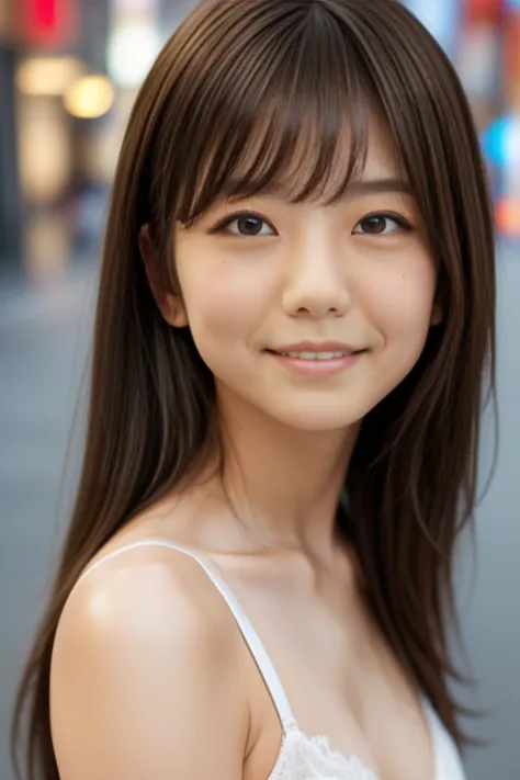 Product quality, 1 girl, (Whole body:1.3), Front shot, Front view, Young and pretty girl in Japan, At night, wearing white bra and panties, (White panties focus), (View your audience:1.2), (Looking into the camera:1.5), ((In the city of Ginza)), Super cute...