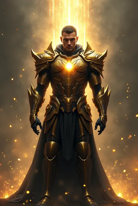 A tall man , with gold and black armor, eyes shining with divine light. His face is solemn, always emotionless.