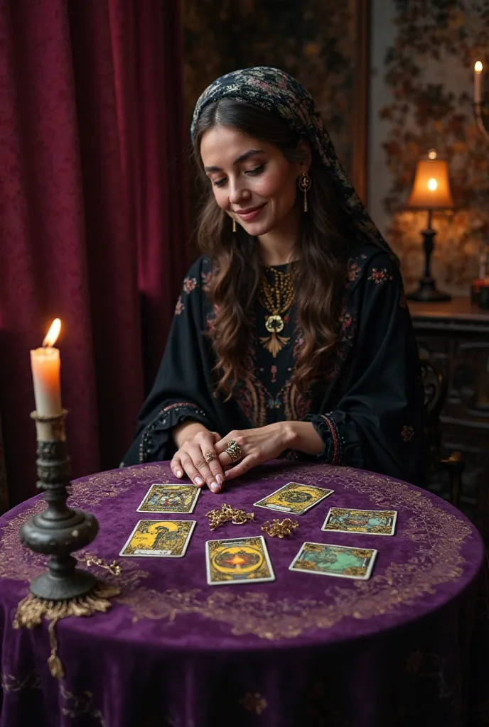 Imagine a fortune teller sitting at a round table covered by a dark purple velvet, with gold details embroidered on the edges. on the table, a tarot deck is arranged in a mysterious pattern, with some cards already turned over, revealing enigmatic symbols....