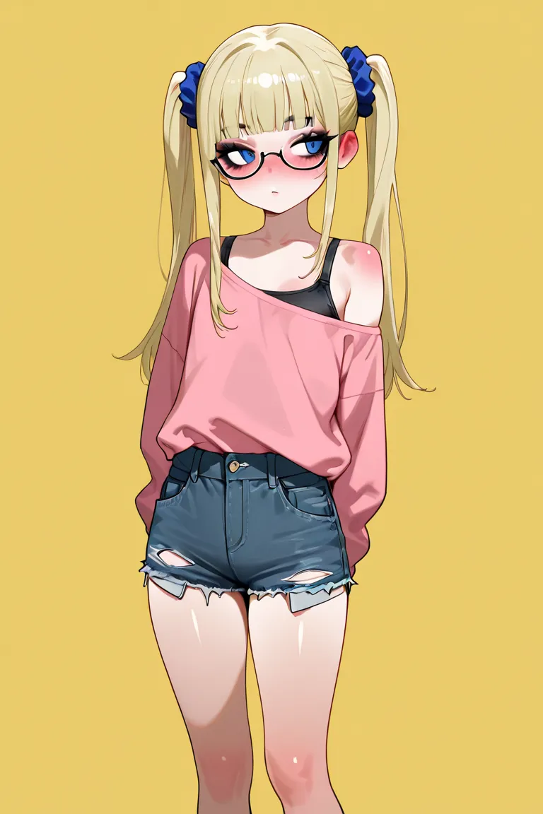 masterpiece, best quality, amazing quality, absurdres, sharp focus, ultra detailed, intricate details, black eyelashes, long eyelashes, black eyeliner, glossy lips, black eyeshadow, 1girl, sideways glance, under-rim eyewear, blonde hair, high twintails, ha...