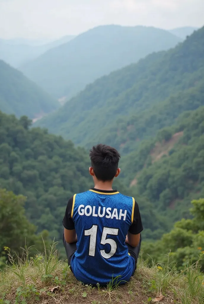 A boy is wear MI jerrsy of IPL Team in india and he is 20 years old .     he was sitting on green mountain top and seeing green forest in portrait image and his jerrsy no. 15. His name in jerrsy is GOLUSAH
Creation Type