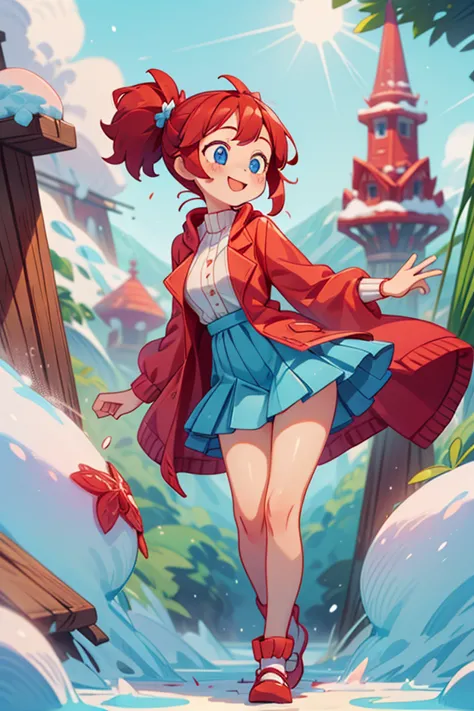 (masterpiece, best quality), 1girl, red raincoat and white sweater , red hair, two ponytails, cute face, blue eyes, standing, outdoor, intricate detail, sunlight, snow mountain, blue and red shoes,, smile, blush, coquette, gorgeous legs, mature body, lovel...