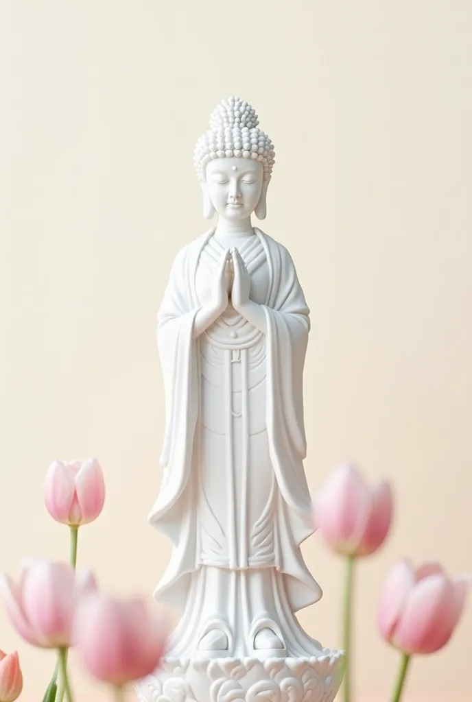 Guanyin Buddha portrait in minimalism style, Buddha in white and look modern,standing in the middle of the picture, blur face expression with dazzler, plain background with very light pink small tulip, the whole picture is only in black, white,light pink, ...