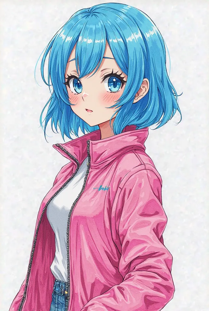 drawing of a woman with blue hair and a pink jacket, colored drawing, high quality colored sketch, colored sketch, colorful sketch, in the art style of 8 0 s anime, full color drawing, unknown artstyle, portrait of jinx from arcane, an anime drawing, fully...