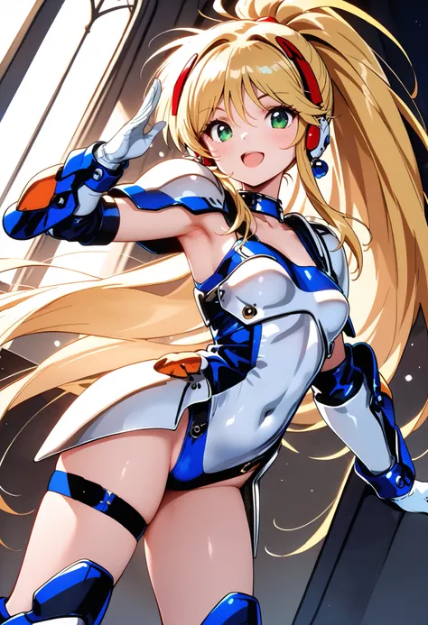 masterpiece,perfect anatomy,dutch angle ,k-yuna-xl-v1,1girl, solo, armor, blonde hair,(bangs),long hair,ponytail,hair ornament,pauldrons, shoulder armor,white leotard,two-tone,greaves, choker, very long hair, green eyes,open mouth, thigh strap, white glove...