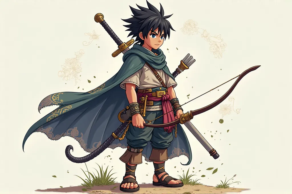 A full-body illustration of a young warrior, around , with hair similar to Sasuke's but styled more like Killua from Hunter x Hunter. He carries a sword on his back and holds a bow in his right hand. He wears a cape around his neck, a detailed pirate outfi...