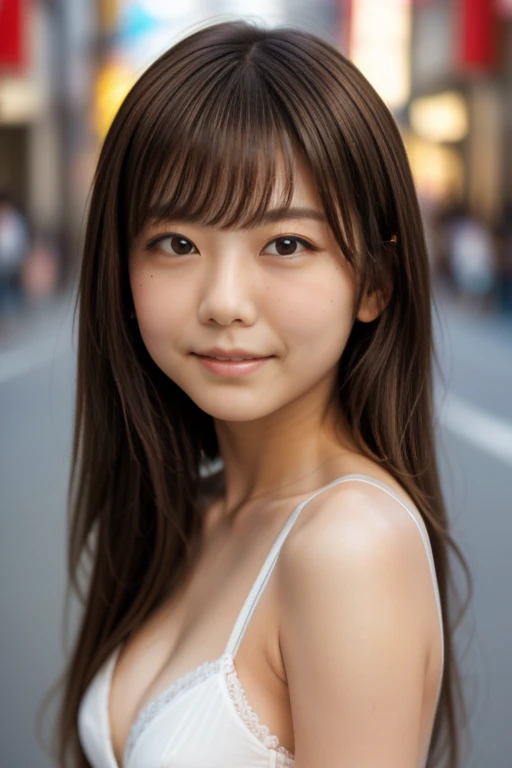 Product quality, 1 girl, (Whole body:1.3), Front shot, Front view, Young and pretty girl in Japan, At night, wearing white bra and panties, (White panties focus), (View your audience:1.2), (Looking into the camera:1.5), ((In the city of Ginza)), Super cute...