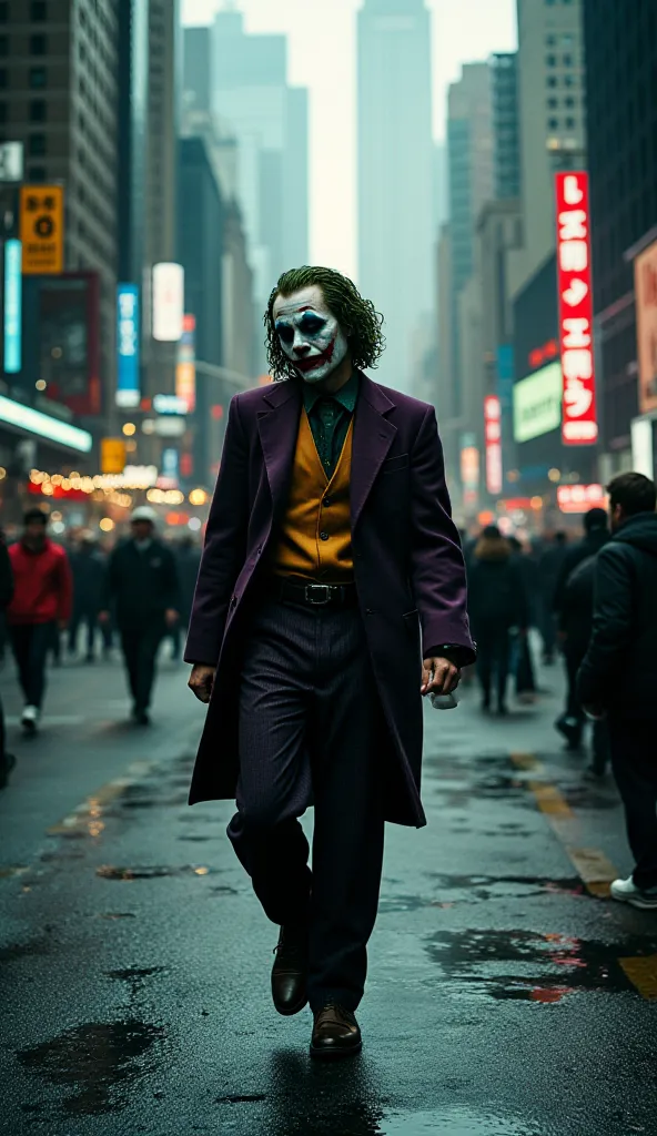 Joker ( Joaquim Phoenix) Walking sadly through a bustling city 