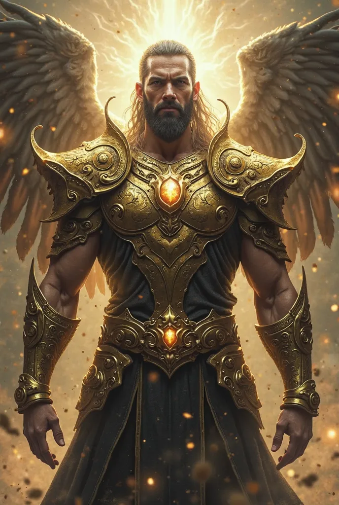 A tall man , with gold and black armor, eyes shining with divine light. His face is solemn, always emotionless.