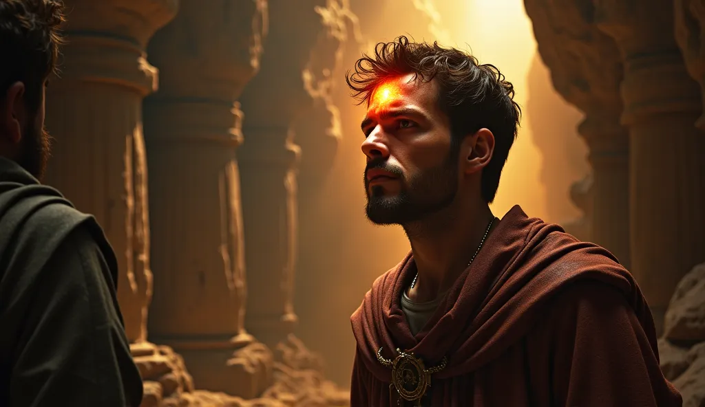 A mystical biblical depiction of Cain receiving a divine mark. His face shows fear and awe as a glowing symbol appears on his forehead. The background is ancient