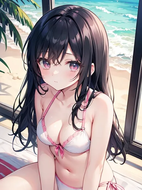  Best picture quality，Soft Sunlight， A Lovely  ，Sitting by the beach ， small breasts，Cleavage close-up，long black hair，Wearing a pink and white bikini，Thin eyelashes  