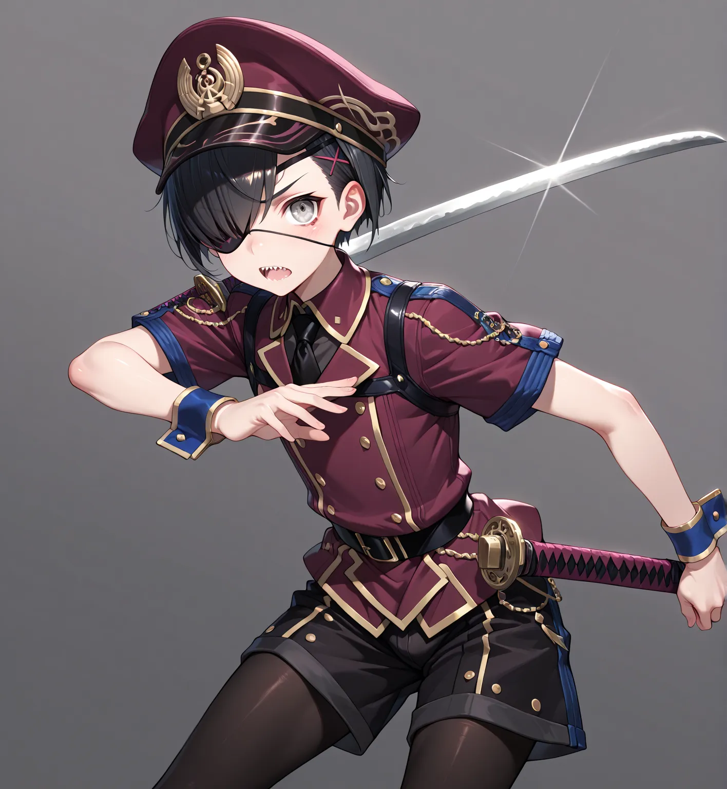 (1boy, solo, shota, otoko no ko), short hair, black hair, grey eyes, hair over one eye, eyepatch, cap, military uniform, necktie, (black shorts, school jacket), sharp teeth, wrist cuffs, pantyhose, katana, sword fight