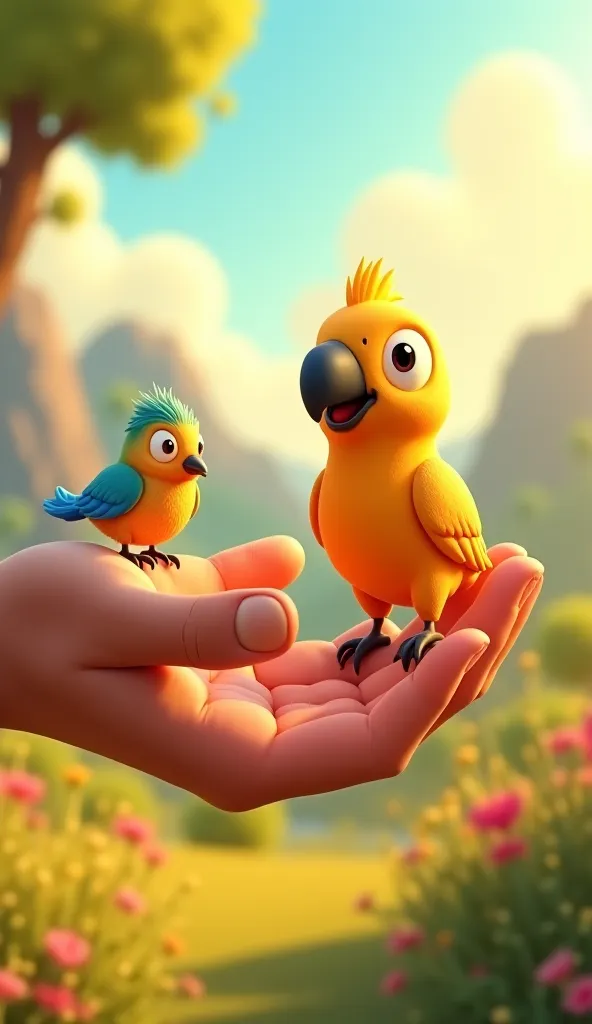 Yeh 20 prompts hain jismein insaan ke haathon par jaanwar baithe hain, 3D HD cartoon-style mein:

1. A 3D HD cartoon-style image of a person holding a small parrot on their hand, as the bird chirps happily.


2. A 3D HD cartoon-style image of a  with a but...