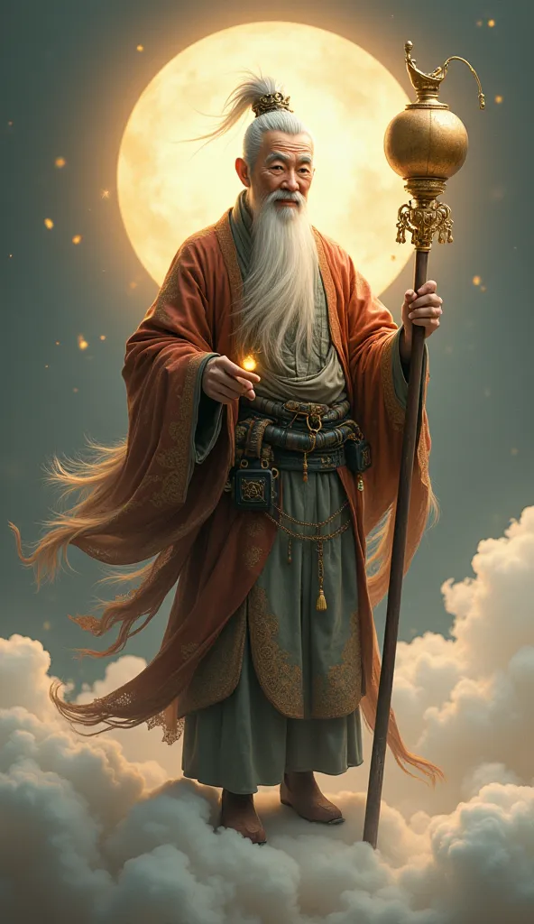 realistic photography, a fantasy baroque style, Often appear in the form of a disabled ancient old Chinese man One leg
The face has a unkempt beard.
The head wearing auspicious gold
Holding iron staff (Which is the origin of the name "Li iron staff")
Carry...