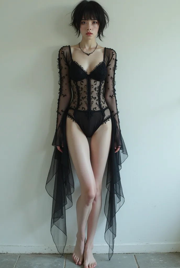 8K quality : 1.8, Black Gothic Lolita、high quality、best image quality、pictures showing the whole body、bare feet、Fine Feet、Sheer Lace Bouquet、empty space background、white wall、Clear black、 nudes、(((Short legs)))、See-through Black Clothes、 completely naked、s...