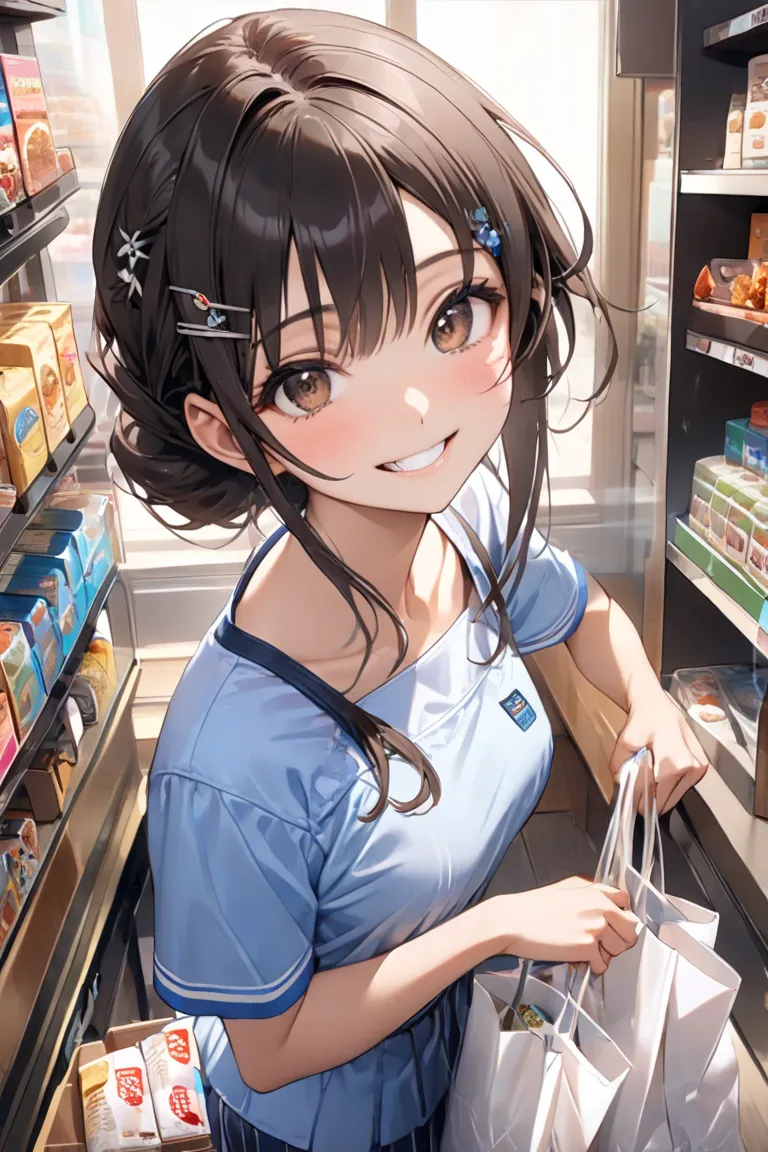  1girl 、Early morning convenience store、The scene where they serve customers at the cash register、A bird's-eye view:1.2、cowboy shot、A petite high school girl with good posture, small face, charming, slender, and wearing a white and light blue striped conve...