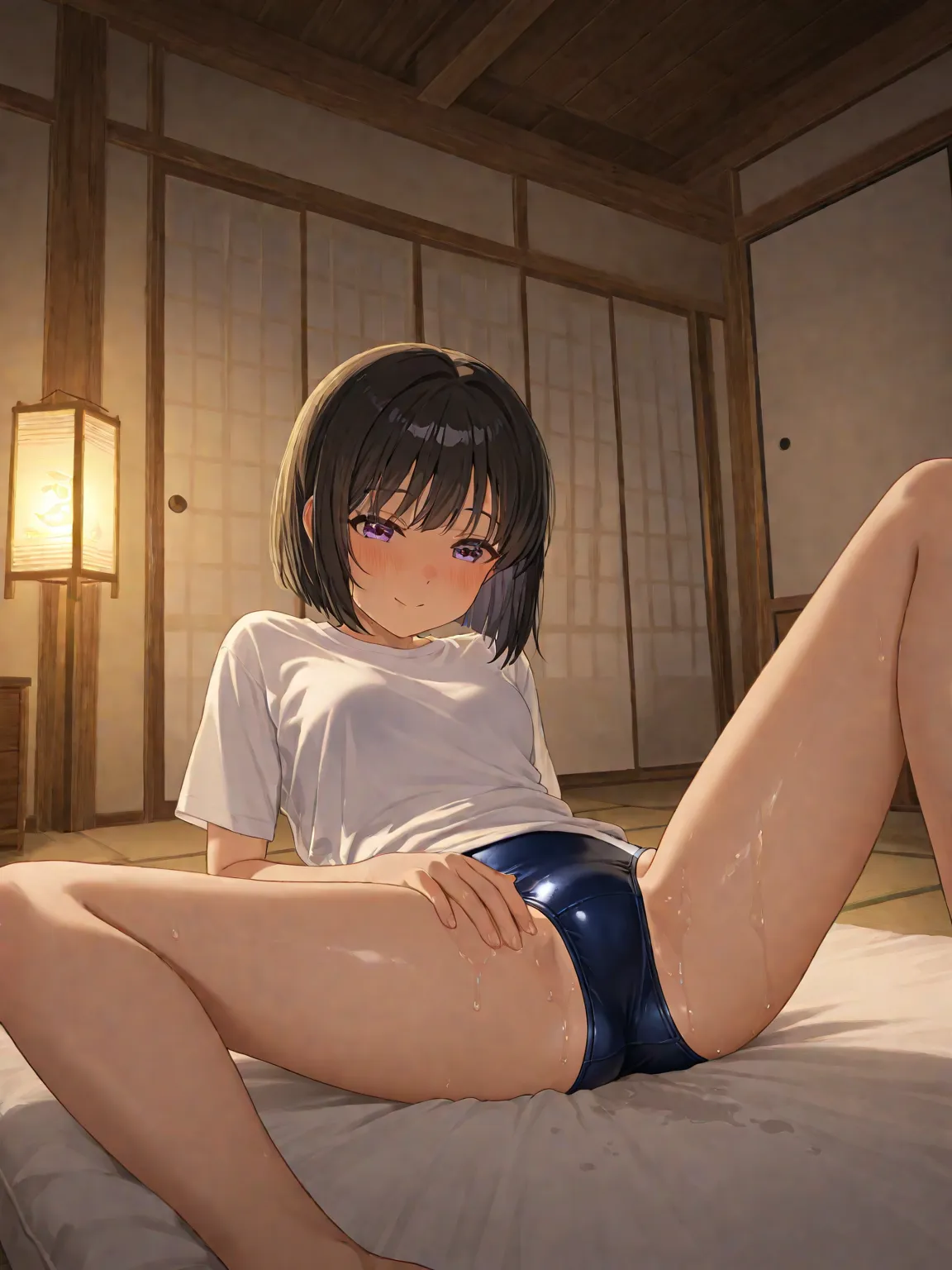 dark haired short bob,white t-shirt,navy blue competitive swimsuit, Japanese-style room in a Japanese house,Late Night,Lantern,MOSQUITO REPELLENT SCENT,bewitching atmosphere,pleasant face,is spreading her legs by herself,Massage with lotion