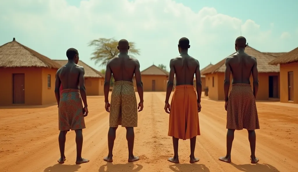 infront of a village smooth bright mud spacious houses it’s with hard ground , bathed in bright day under a serene morning  sky, 4 Nigerian Igbo men, a piece of cloth covering their below,  a strong shoots out from the cloth, petruding, they stand in a str...