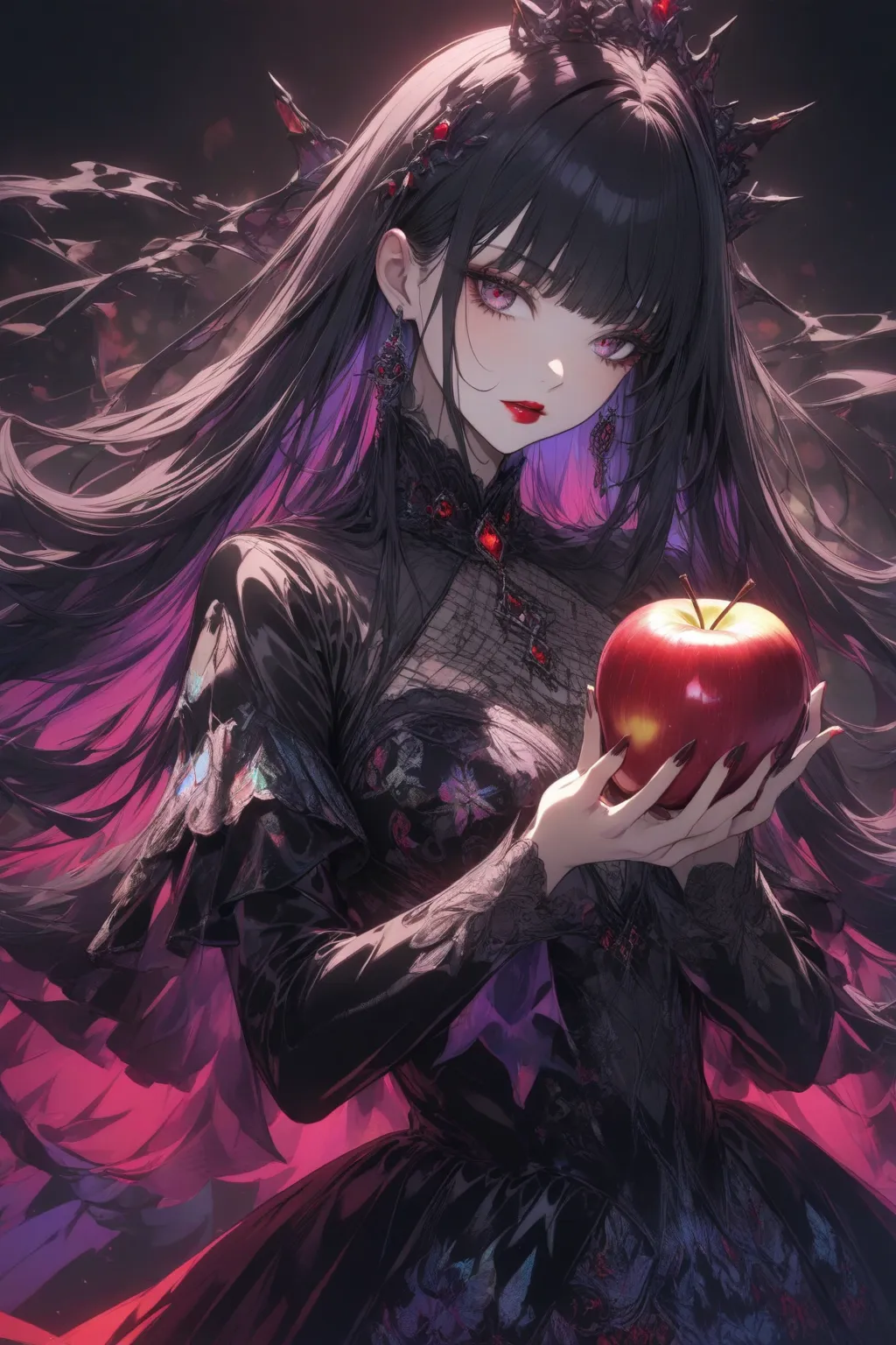 girls,long black hair，Black Queen ，accessories，Apple in hand ，Poisoned Apple，witch queen，red lipstick、beautiful embroidered velvet dress、Gloss