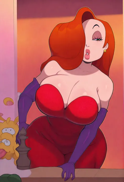 masterpiece, lips, high resolution, slurp, jessica rabbit, looking at me, flushed, S2Z0n1c21.5XL style , big breast, Steep towards the camera