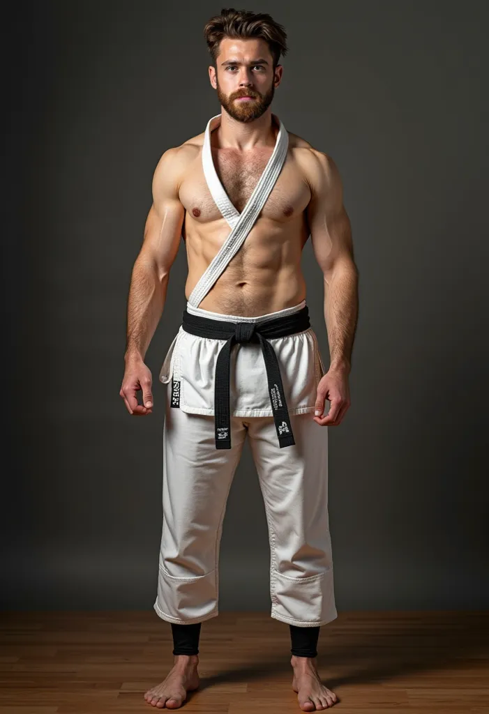 male, young,  Tall, karate suit, brown hair, brown eyes, beard and mustache,  in the room, in black socks, standing barefoot, in a short-haired, muscular, looks at the viewer, full length, with legs apart,  bulge, wet with sweat, видно  bulge