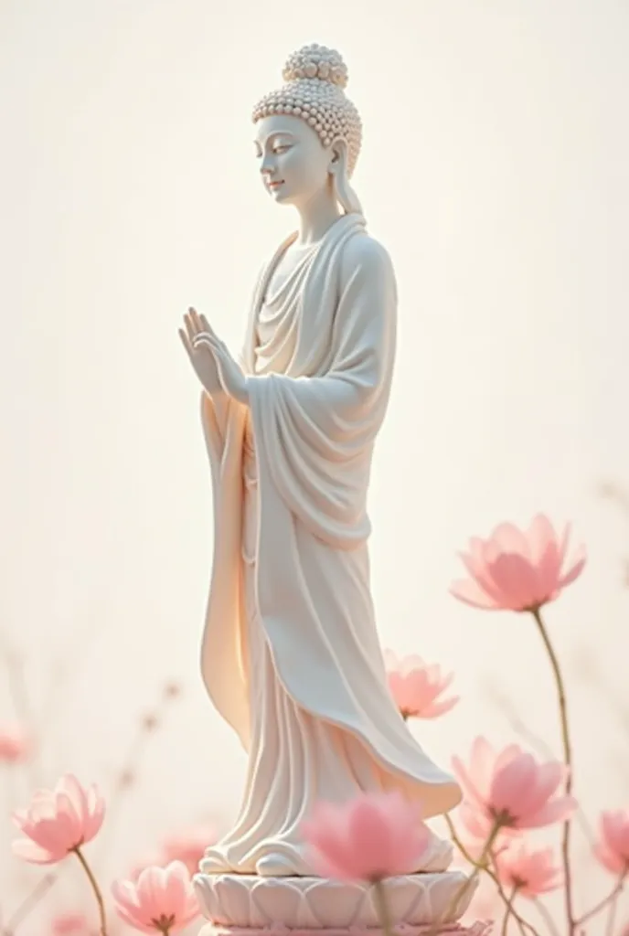 Guanyin Buddha portrait in minimalism style, Buddha in white and peach, look kind, artistic and beautiful, standing in the middle of the picture, blur face expression with dazzler, plain background with very light pink small tulip, the whole picture is onl...