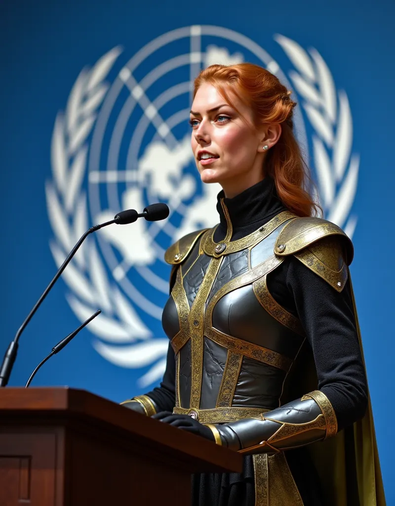 Standing and making a speech at the United Nations, in front of the lectern with a microphone, under the UN flag, a woman 30 years old white woman she has wavy hair, she has red and blond hair, blue eyes, slim face and nose, slim, wearing a futurist long r...