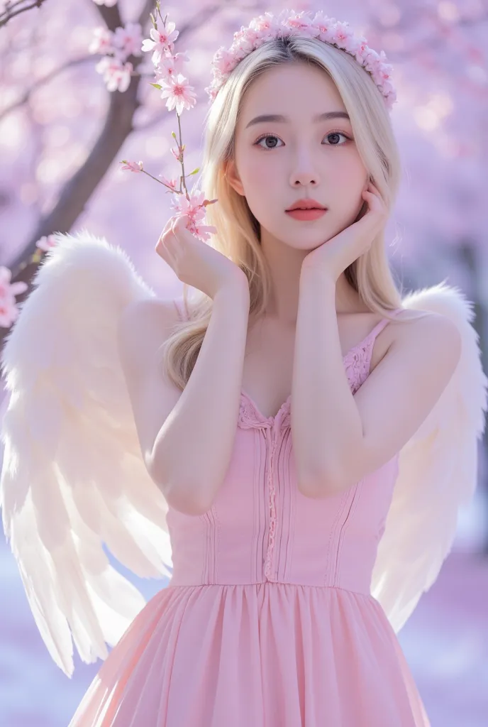 a blonde young woman with angel wings and a pink dress. She is holding a crystal clear snow looking beautiful cherry tree. The background is light purple. The woman looked like she was posing for a photoshoot,staring at the camera,very realistic picture fu...