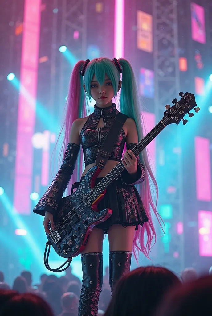  Hatsune Miku ，with green pink double ponytails，with electric bass on the body，clutching a long microphone on the floor to sing a song，scene is a music festival，cyberpunk futuristic lighting，best picture quality，Master light and shadow