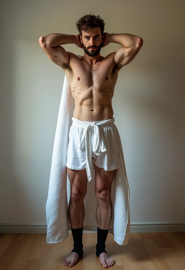 male, young,  Tall, karate suit, brown hair, brown eyes, beard and mustache,  in the room, in black socks, standing barefoot, in a white sleeveless tank top, hands behind your head, in a long bath towel, muscular, looks at the viewer, full length, with leg...