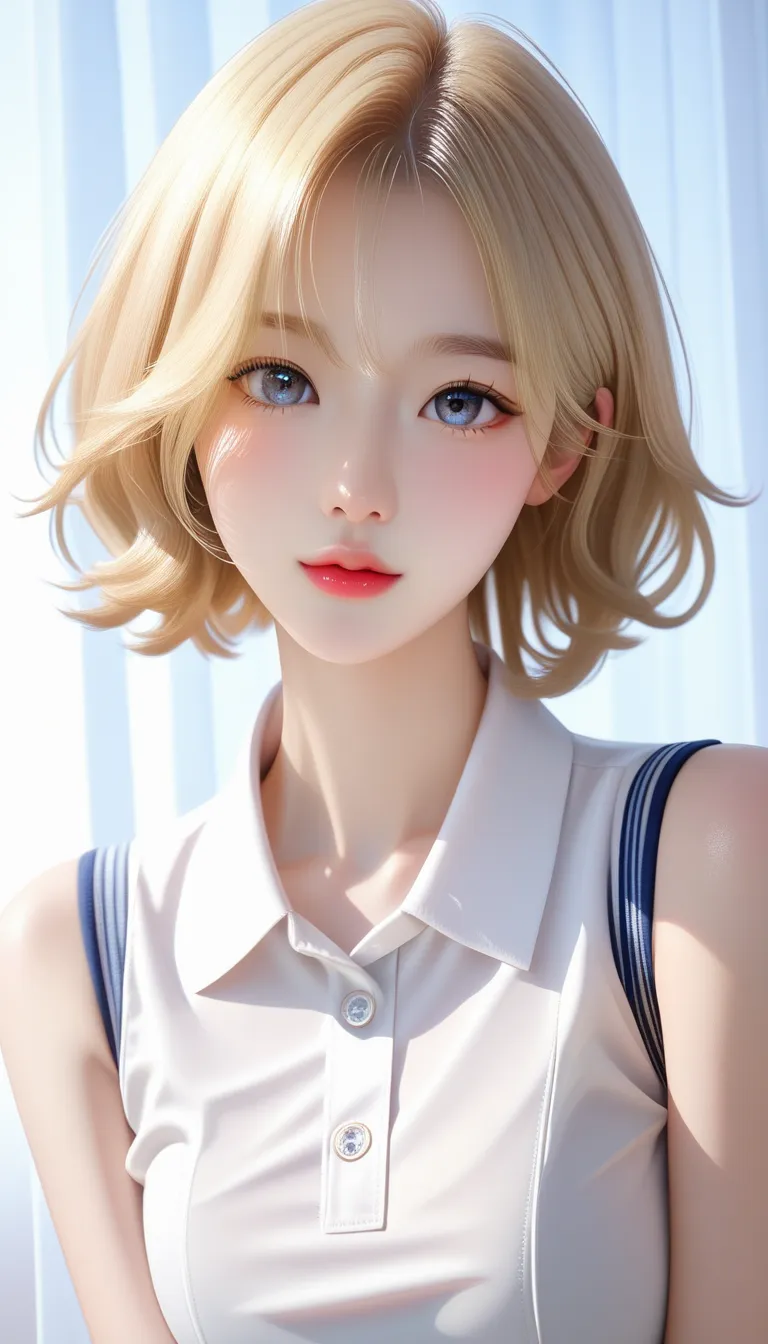 (Korean girl), masterpiece, perfect anatomy human, anatomically correct, adult girl, 1girl, (solo), cute, detailed eyes, ultra-detailed eyes, finest eyes, short hair, blonde, white eyes, white skinned, medium breasts, sleeveless collared shirt 