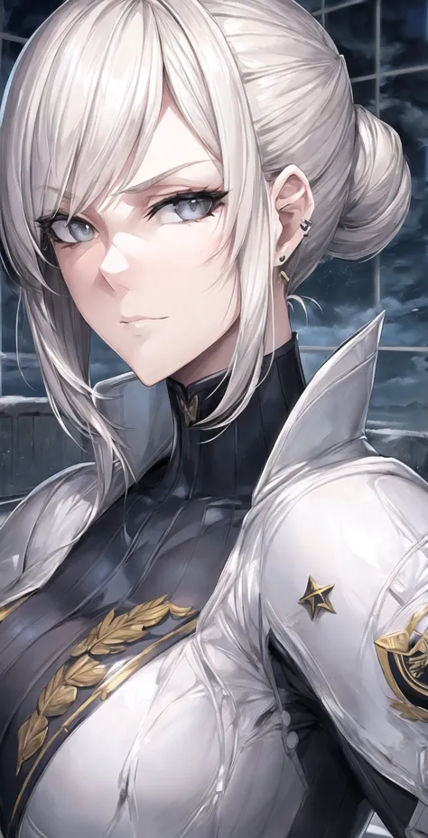 A highly detailed portrait of a tall, muscular female military officer with platinum blonde hair tied neatly into an updo. She has piercing steel-gray eyes that exude coldness and authority, and her pale, flawless skin adds to her intimidating presence. Sh...