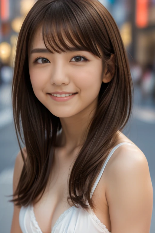 Product quality, 1 girl, (Whole body:1.3), Front shot, Front view, Young and pretty girl in Japan, At night, wearing white bra and panties, (White panties focus), (View your audience:1.2), (Looking into the camera:1.5), ((In the city of Ginza)), Super cute...