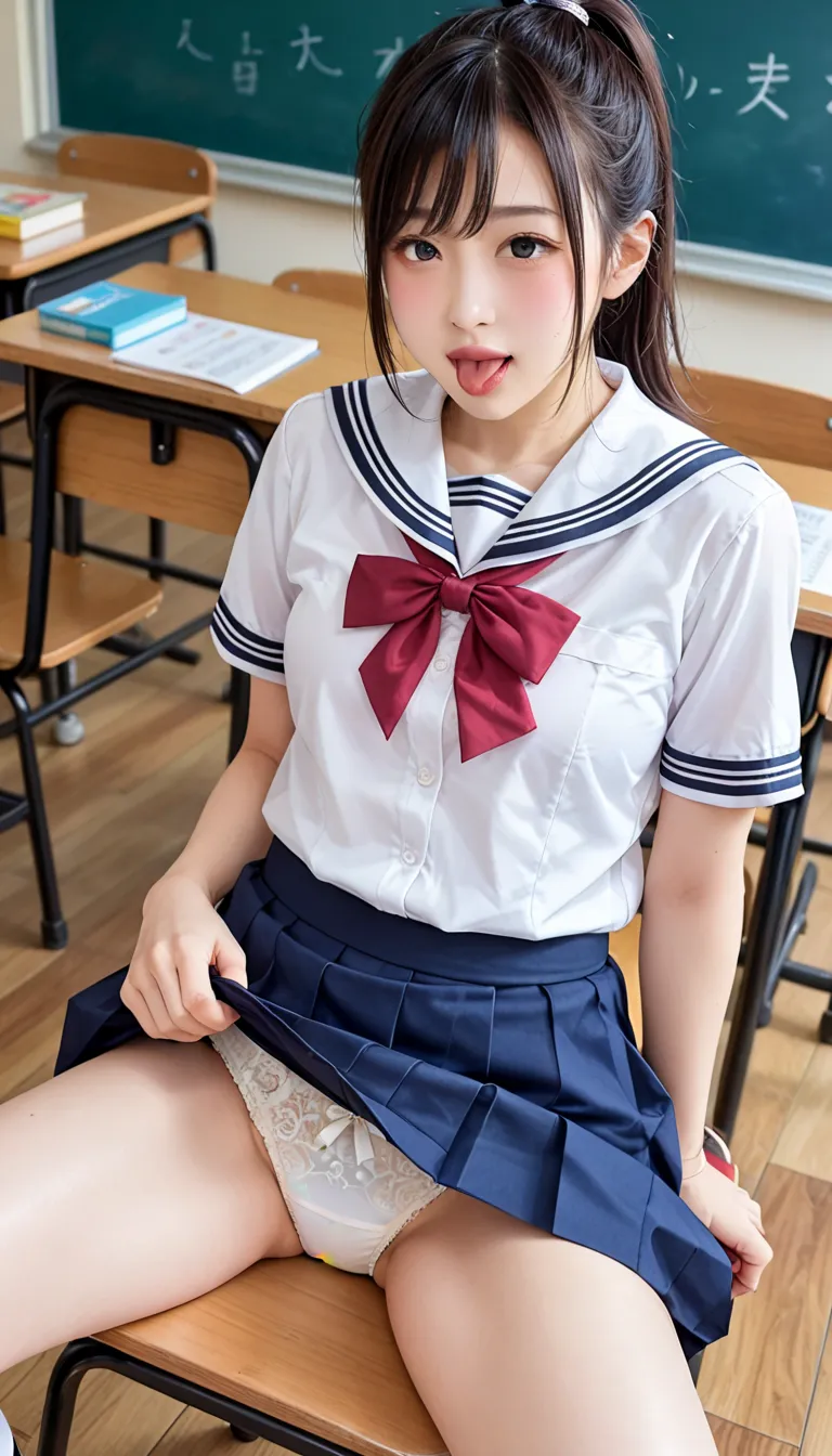 masterpiece,  best quality , 8k, ( normal Japanese face ),  photo shoot,  thighs, Bright classroom,  ((( is embarrassing)))、 Jet Black Hair、ponytail hairstyle、(troubled expression:1.2)、 blush、 without makeup,  detailed face,  blur the background 、curvy bod...