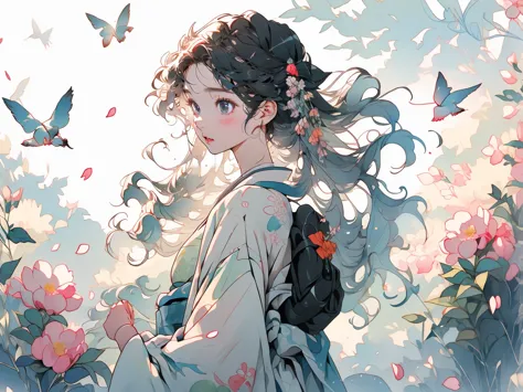 ((masterpiece:1.2)), ((top quality:1.2)),  1girl , (hand on hair, hakama short skirt, Kosode , (sleeveless), camellia patterned kimono, thighhighs), girl, looking up on slope, two white doves, fluttering, long hair, blowing in the wind, flower field, petal...