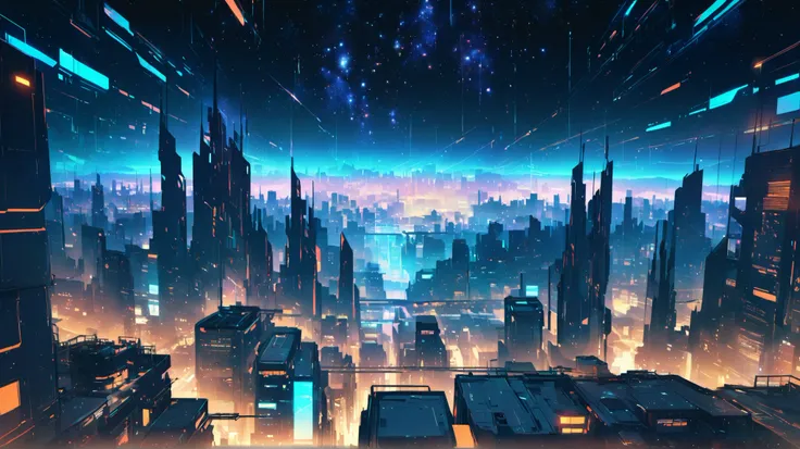 top quality, background only,Cyberpunk, Midnight city , starry sky, Taken from the roof of a building, based on blue and orange