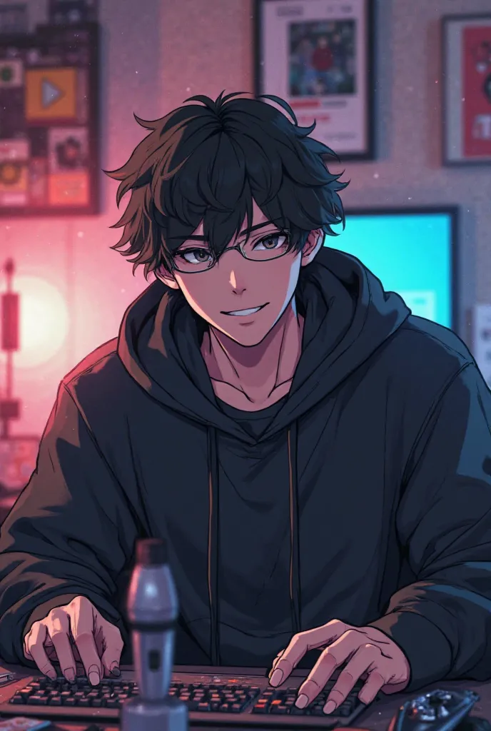 PROMT

creating for character:- "Create a anime boy who have a mature looking like a man facing in front he is a YouTube content creator, sitting in his studio with futuristic gadgets, and there is mic near him, wearing black hoodie, smiling, and there is ...