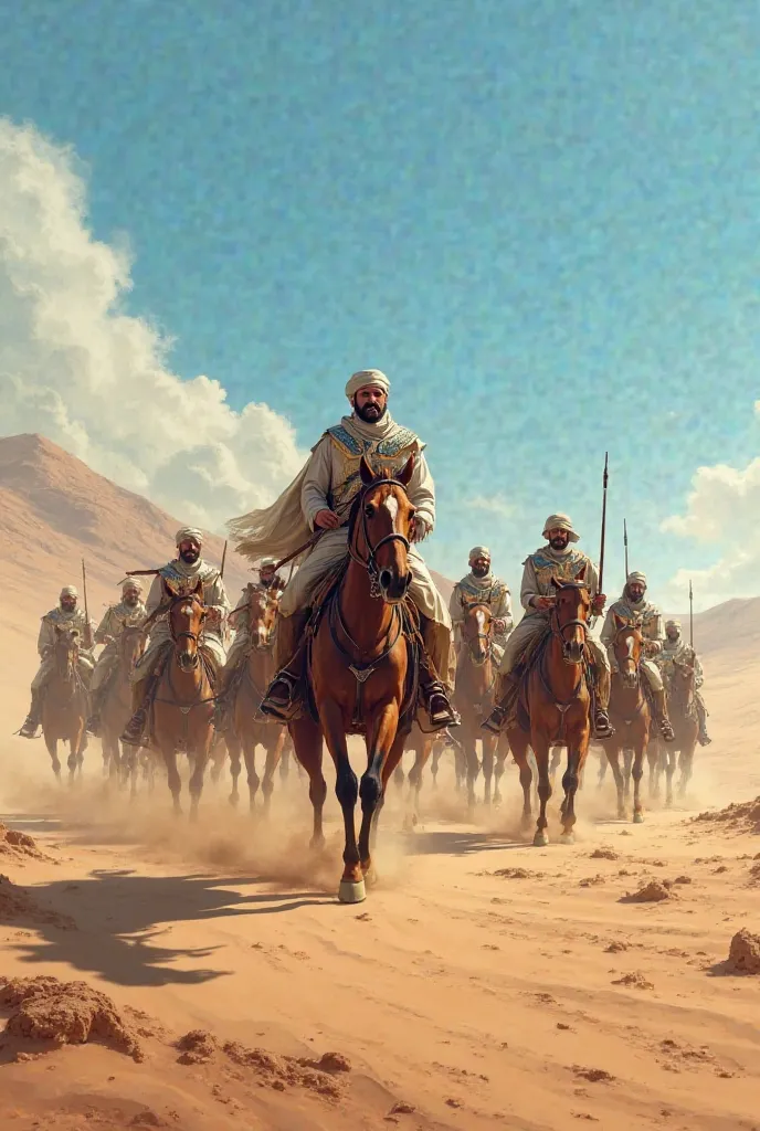 Amr ibn Al-Aas and his army cross the Egyptian border, with a desert landscape and men on horses.
