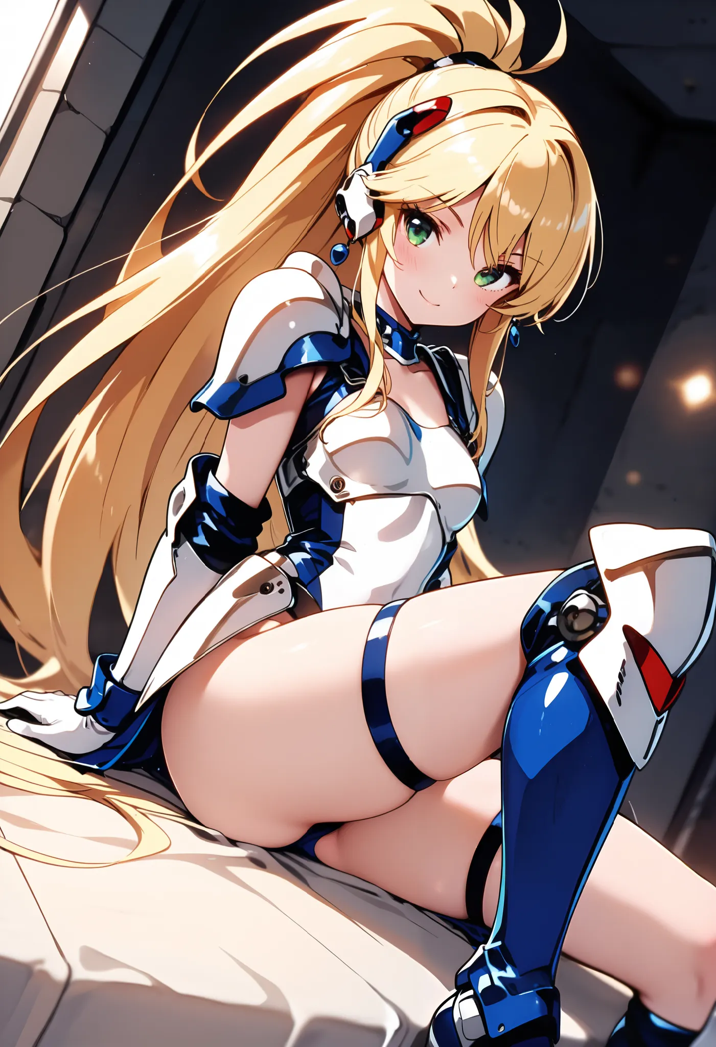 masterpiece,perfect anatomy,dutch angle ,k-yuna-xl-v1,1girl, solo, armor, blonde hair,(bangs),long hair,ponytail,hair ornament,pauldrons, shoulder armor,white leotard,two-tone,greaves, choker, very long hair, green eyes,open mouth, thigh strap, white glove...